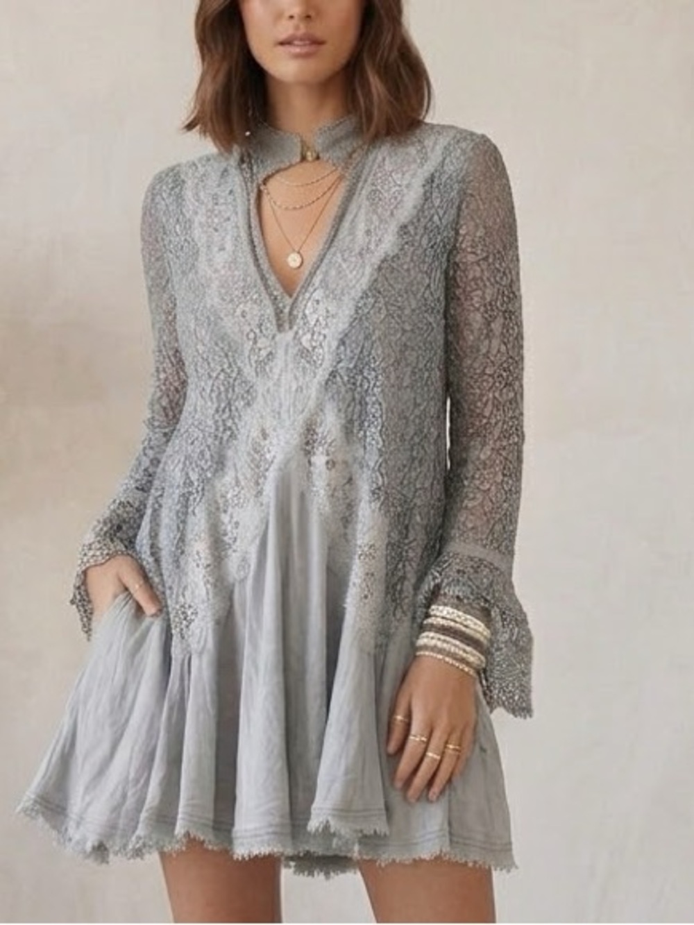 Free People "Tell Tale" Lace Tunic / Dress Slate/Grey, Size Small